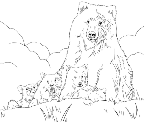 Grizzly Bear Mother And Cubs Coloring Page